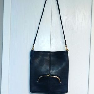 Bonnie Cashin for Coach Bag Black Leather Kiss Lock Slim Duffel Vintage 1960 70